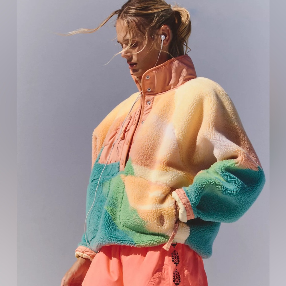 Free People Multicolor Pastel Sherpa Pullover Jacket - Peach, Teal, Yellow
